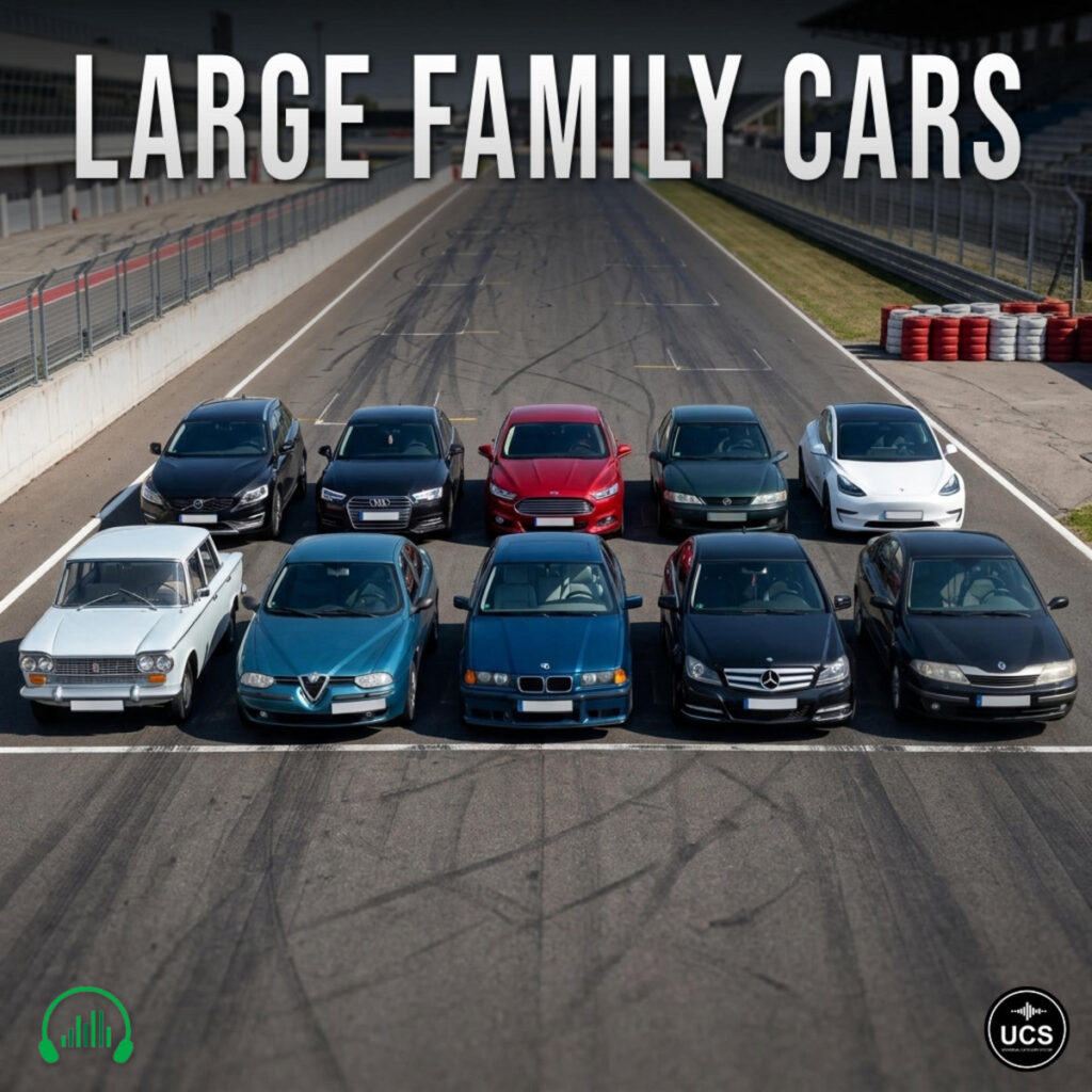Ten Large Family Cars are parked in two rows on a racetrack starting line.