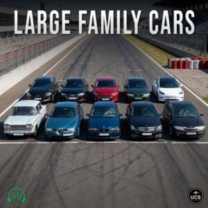 Ten Large Family Cars are parked in two rows on a racetrack starting line.