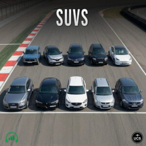 Ten SUVs are parked in two rows on a racetrack starting line.