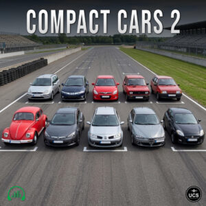 Ten Compact Cars 2 vehicles are parked in two rows on a race track.