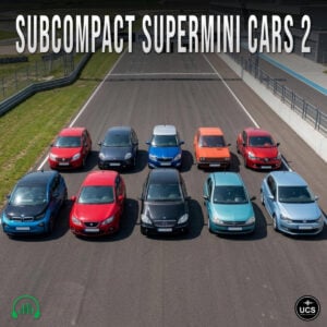 Ten Subcompact Supermini Cars 2 are parked in two rows on a racetrack starting grid.
