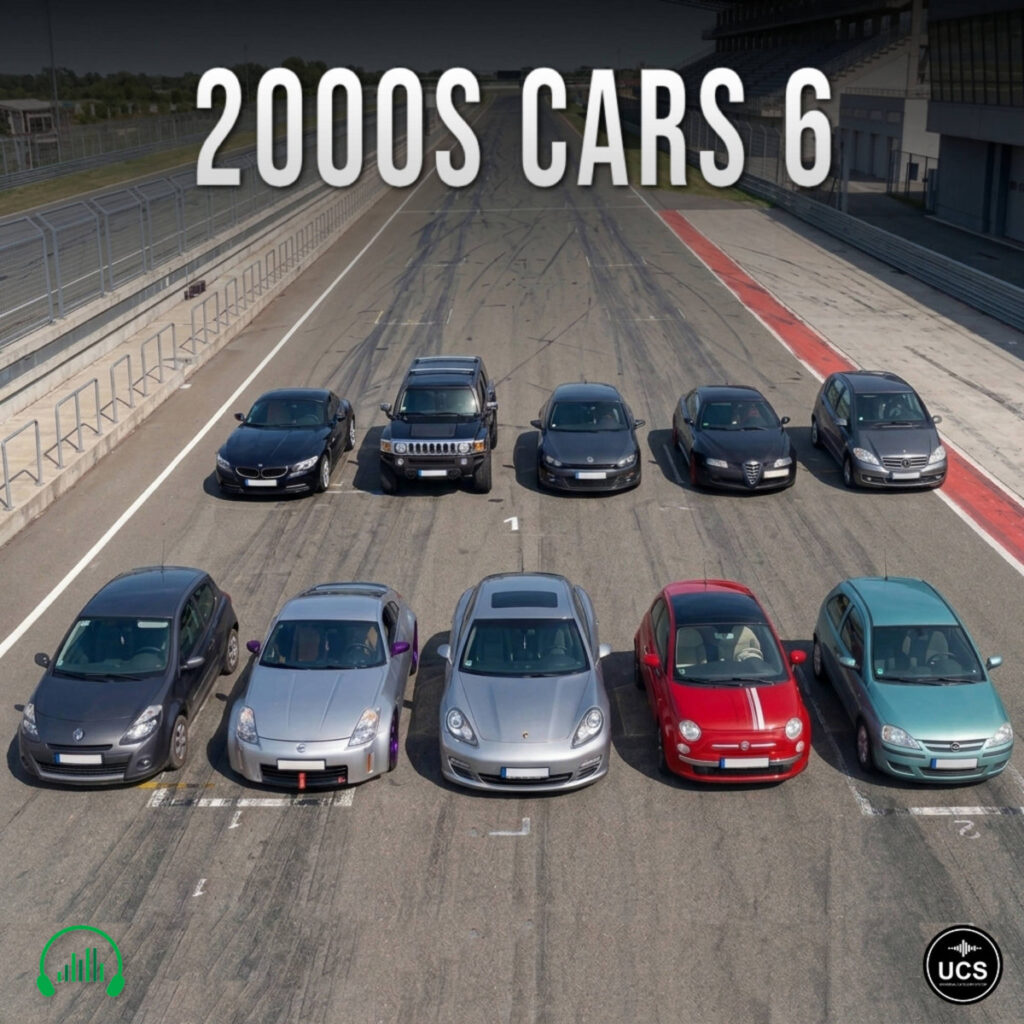 Ten 2000s 6-passenger cars are parked in two rows on a racetrack starting grid.