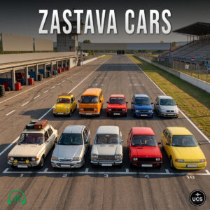 Ten various small Zastava cars sit in two rows on a racetrack starting grid.