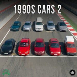 Ten cars of various makes and colors from 1990s Cars 2 park in two rows on a racetrack starting grid.