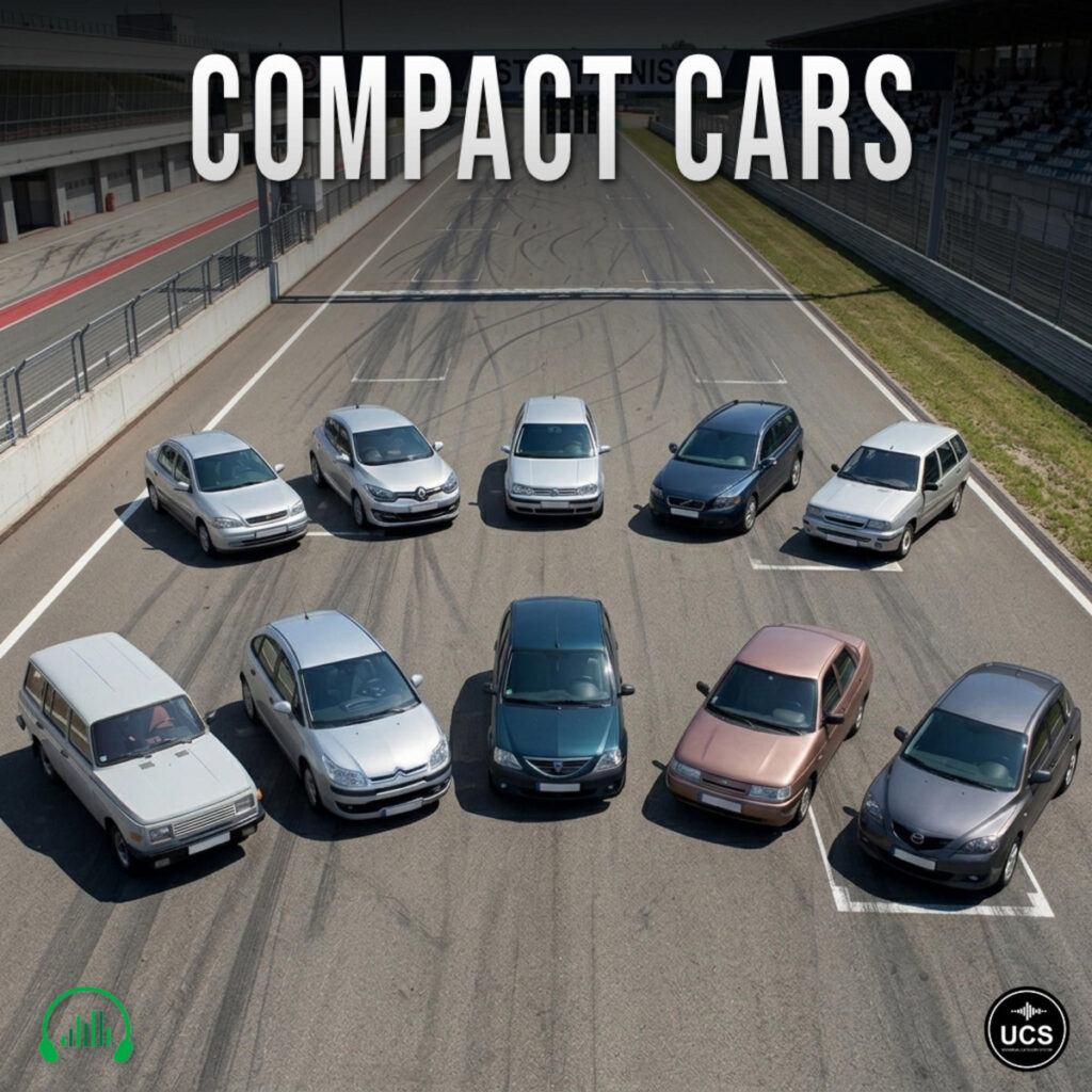 Ten compact cars are parked in a semi-circle on a racetrack.