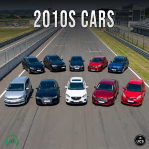 Ten cars are parked in two rows on a race track with 2010s Cars text centered above.