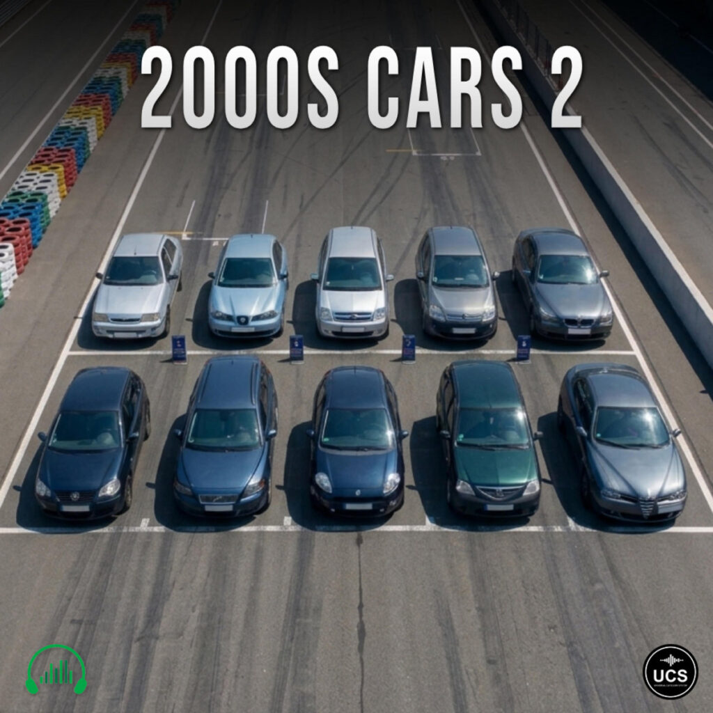 Ten 2000s cars are parked in two rows on a race track starting grid.