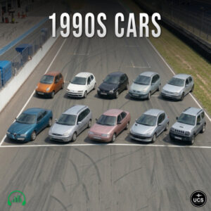 Ten 1990s cars sit in two rows on a racetrack starting grid.