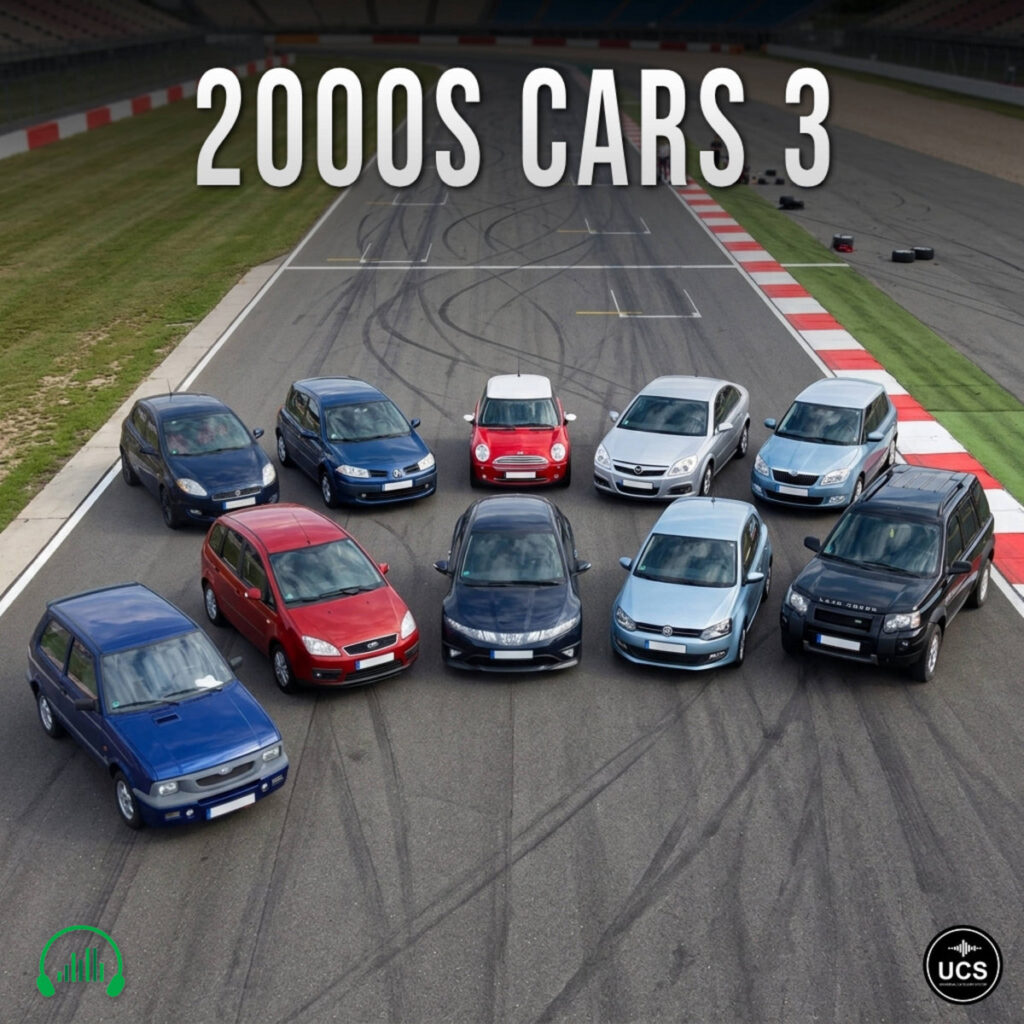 Ten 2000s Cars 3 passenger cars are parked in formation on a paved racetrack.