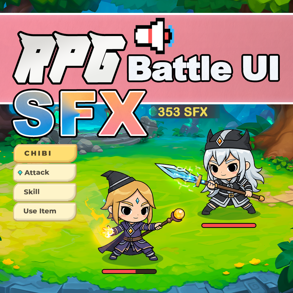 Two chibi characters in fantasy battle gear stand in a forest clearing beside an RPG Chibi Battle Sound Effects Pack.